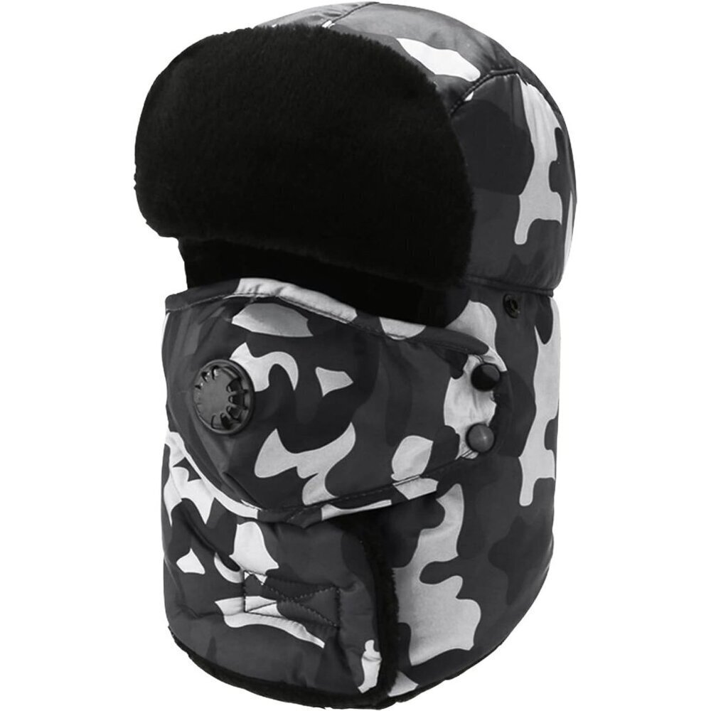Men Camo Black Trapper Hat with Ear Flaps &Mask Russian Trooper Aviator Cold Hat